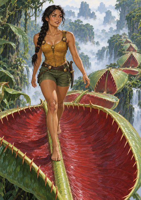 Woman in a mustard-gold top walking across a giant red-lined toothed plant in a lush jungle with cliffs and mist.