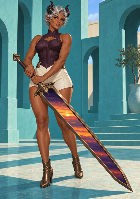 Horned silver-curled woman holding an oversized sword with a vivid sunset-colored channel in a turquoise arched courtyard.