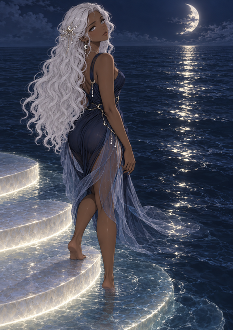 Silver-haired woman in a flowing dark blue dress standing on luminous curved steps beside a moonlit sea.