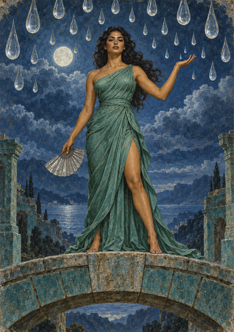 Woman in a sea-green gown holding a fan beneath suspended water drops on a moonlit bridge between stone ruins.