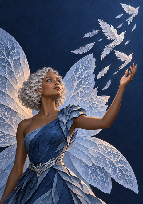Blue-clad fairy-like woman with large translucent veined wings reaching toward small white flying forms and loose feathers.
