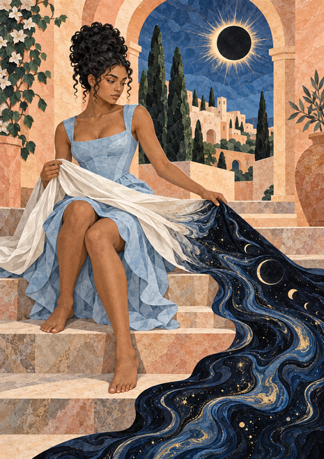 Woman in a pale blue dress seated on stone steps, holding a star-speckled dark flow beneath an eclipse framed by an arch.