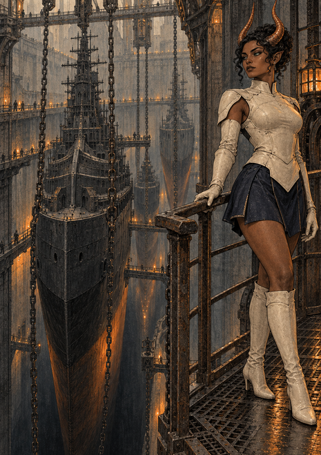 Horned woman in a pale jacket standing on a metal platform beside a suspended ship in a cavernous industrial drydock.