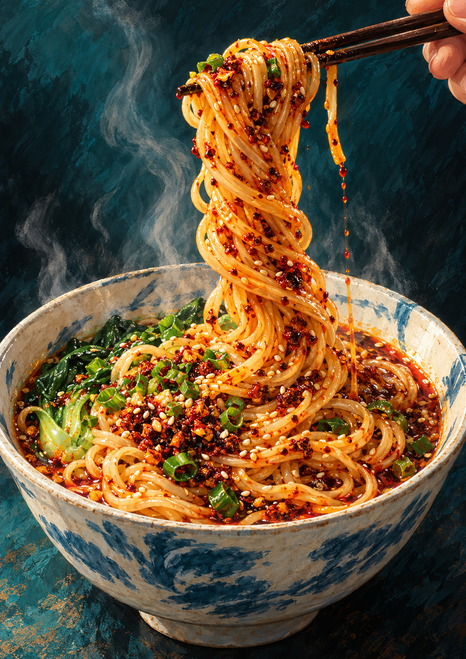 Glossy chili-oil noodles lifted with dark chopsticks above a decorated ceramic bowl, with scallions, sesame, chili pieces and steam.