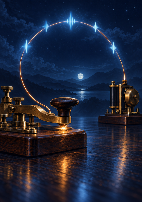 Two brass telegraph instruments on wooden bases connected by a glowing copper wire arcing above a moonlit lake and mountain horizon.