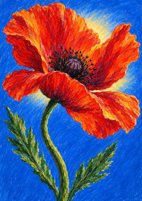 Open red-orange poppy with a dark plum center and black stamens on a curved green stem with two serrated leaves against bright blue.
