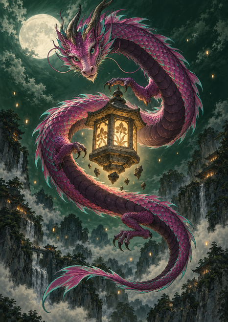 Orchid-magenta dragon with turquoise-edged patterned scales coiling around a glowing gold lantern beneath a pale moon.