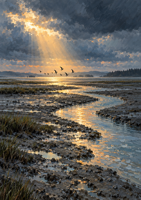 A winding reflective channel crosses a dark wetland beneath storm clouds, with golden sunlight on the water and small birds flying near the horizon.