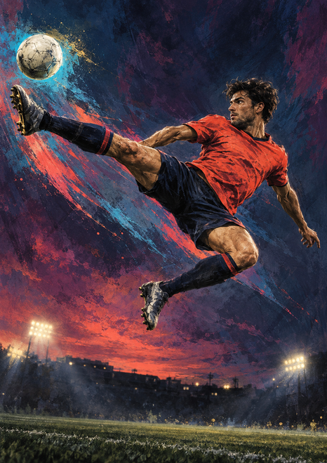 Adult footballer in a coral-red shirt leaps diagonally to kick a ball against a dusk sky, with floodlights and field below.