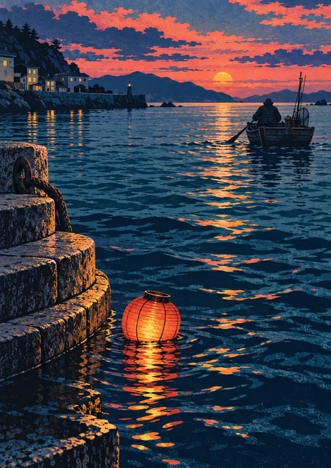 Glowing red-orange paper lantern floats beside a curved stone harbor stair, with a distant boat beneath coral-pink sunset clouds.