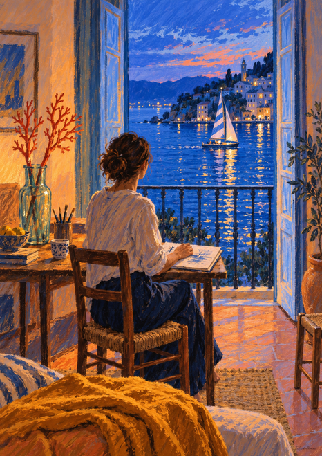 Seated adult seen from behind at a sketchbook beside open balcony doors, looking toward a striped sailboat on a blue harbor.