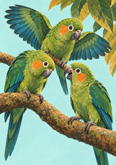 Three green parrots gather on branches against a pale aqua background; the upper bird spreads its wings while two lower birds face one another.