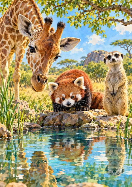 A giraffe leans toward a red panda and an upright meerkat beside a reflective pool framed by rocks, reeds, and leafy branches.