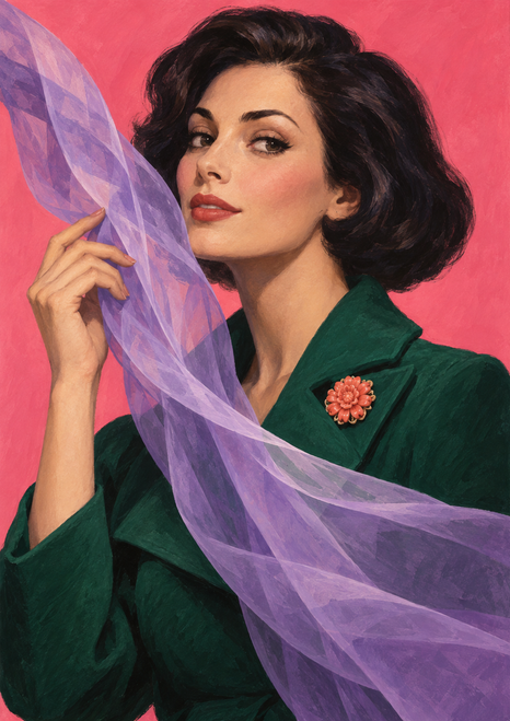 A woman with a dark bob in an emerald coat holds a translucent lavender scarf beside her face; a coral flower brooch stands out against a warm pink background.