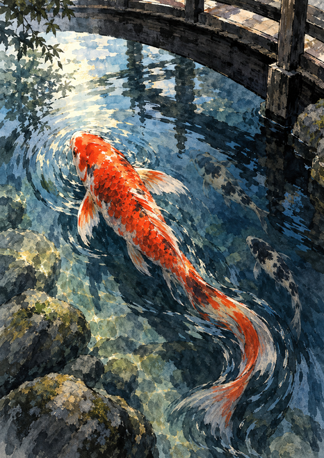 A red-orange and cream koi turns through blue water beneath an arched dark wooden bridge, with two smaller fish, rocks, and reflections nearby.