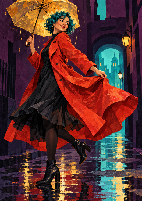 Adult dancer with short teal curls turning beneath an amber umbrella in a flowing vermilion coat on a wet city street.