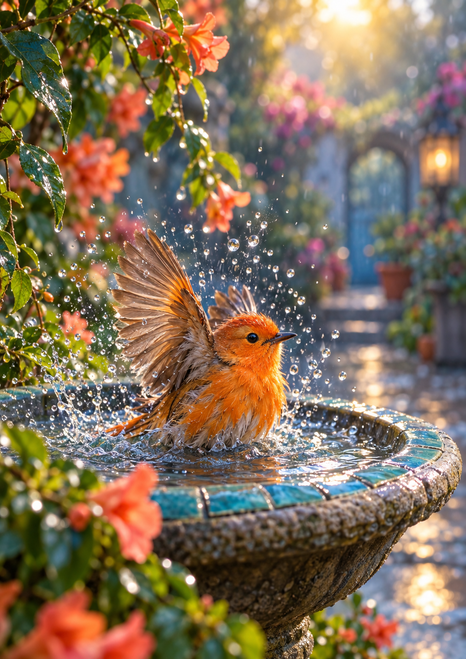 An orange-and-brown bird splashes in a stone birdbath with a turquoise tile rim, water droplets and flowering vines.