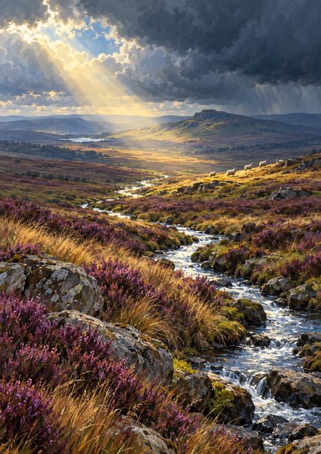 A winding stream crosses a heather moor beneath dramatic clouds, with sheep on a sunlit slope and purple heather in the foreground.