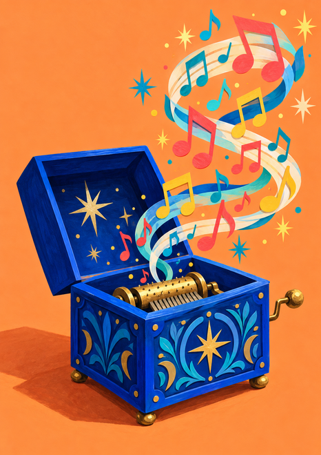 Open cobalt-blue music box with a visible gold-toned cylinder and crank, releasing colorful musical notes and starbursts against an apricot-orange background.