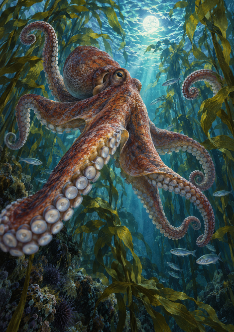 Large octopus with curling arms and visible suckers moving through a kelp forest with small fish and light from the water surface.