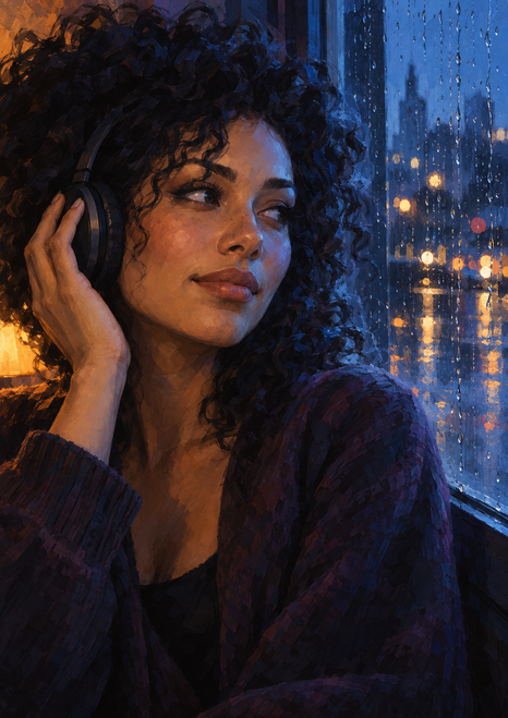 Close portrait of a woman in headphones resting a hand on an earcup beside a rain-streaked window with blurred city lights.