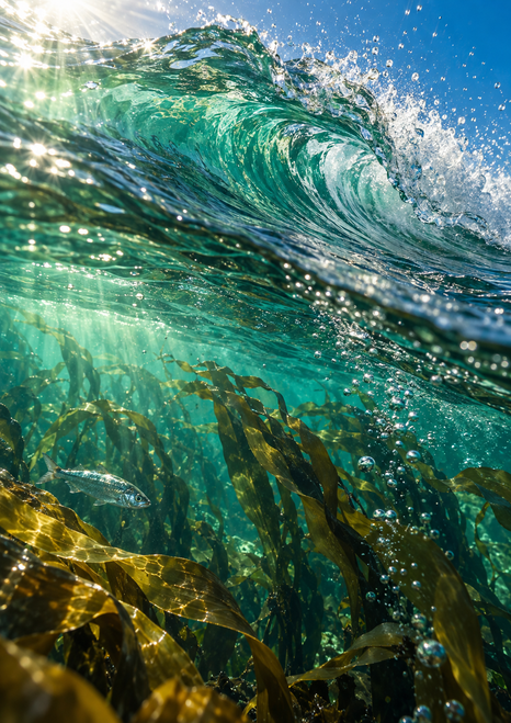 Emerald-green ocean wave curling above underwater kelp, bubbles, and a small silver fish in sunlit teal water.