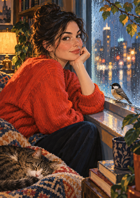 Woman in a red-orange sweater by a rain-streaked window, with a small perched bird and a sleeping cat in the foreground.