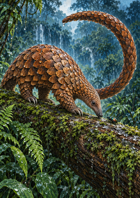 Copper-scaled pangolin crossing a wet mossy log toward a small beetle, with its long tail arcing over rainforest ferns.