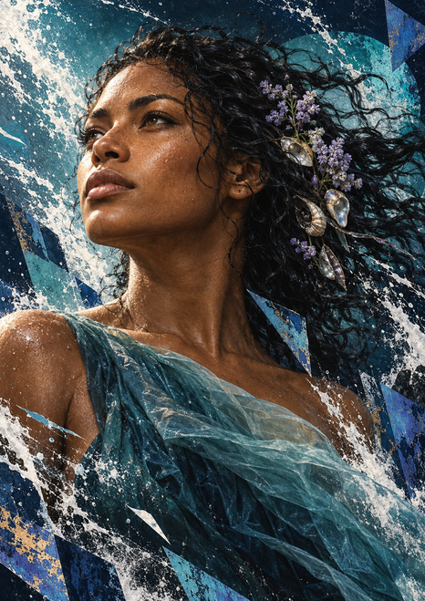Woman with an upward gaze, wind-swept dark curls, violet flowers, and shell-like ornaments amid blue sea spray.