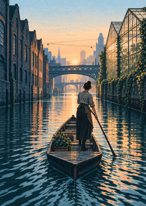 A woman poles a narrow skiff along a reflective urban canal at dawn, with brick warehouses to the left and a vine-covered glass greenhouse to the right.