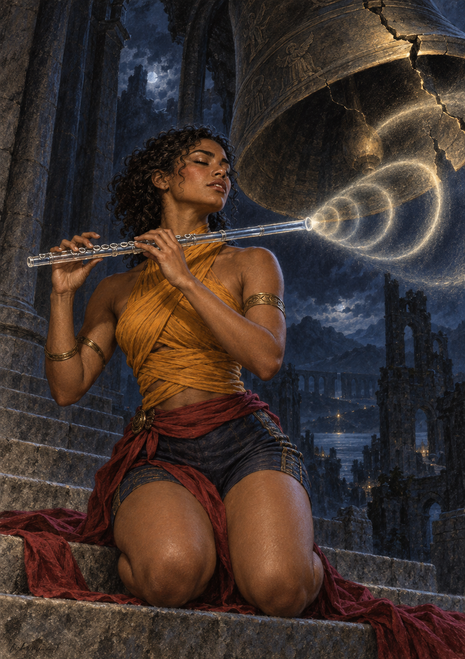 Curly-haired woman kneeling on stone steps and playing a silver flute as pale luminous rings lead toward a cracked stone structure.