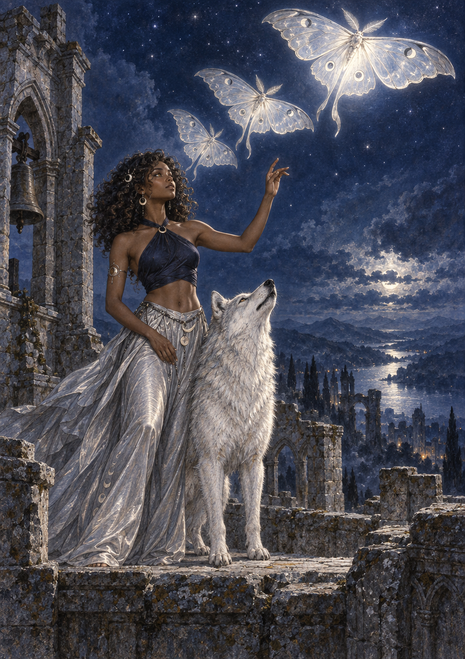 Dark-haired woman in a flowing silver-white skirt beside a white wolf, reaching toward three glowing moths under a starry sky.