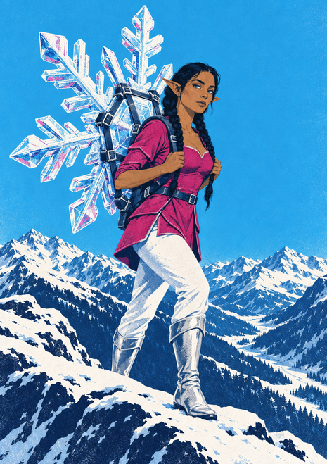 Pointed-eared woman in magenta and white winter clothing carries a large crystal snowflake structure on a snowy mountain ridge.