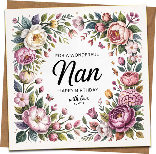 Nan Birthday Card – For a Wonderful Nan, Floral Design, 145mm x 145mm Square Greeting Card with Kraft Envelope – Happy Birthday Nan Card, With Love