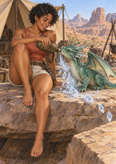 A seated woman pours from a canteen toward a small turquoise dragon beside a tent in a red-rock desert camp.