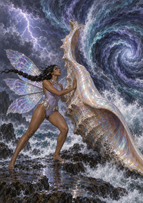 Winged woman in lavender braces against a huge iridescent conch in rough ocean water beneath a spiral storm cloud and lightning.