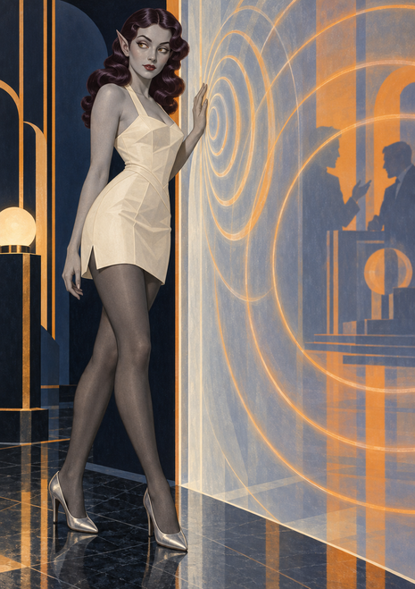 Pointed-eared woman in an ivory dress beside a translucent pane with glowing amber rings and shadowy silhouettes.