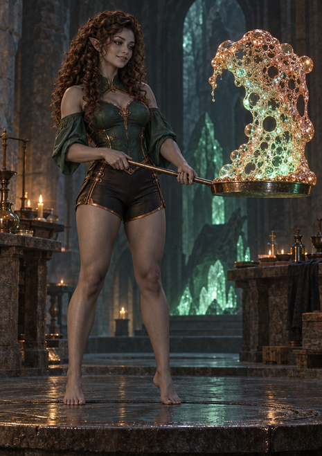 Pointed-eared woman in green holding a tray with a luminous bubbling foam-like formation in a candlelit stone hall.