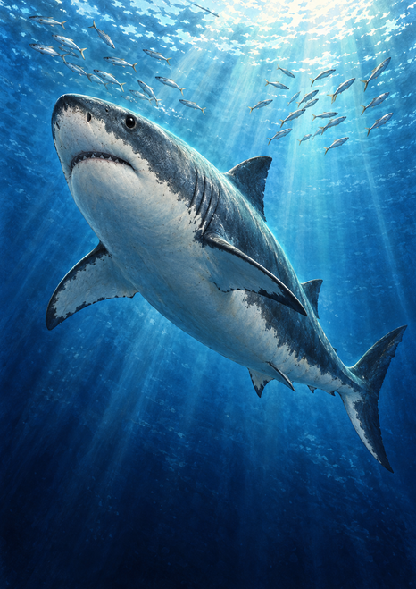 A large great-white-like shark swims diagonally upward through blue water beneath a small school of fish and shafts of sunlight.