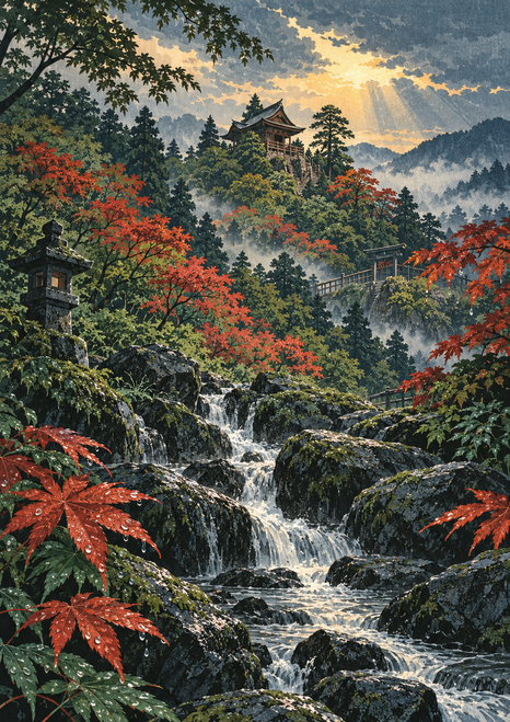 Small timber shrine among layered green hills above a rocky waterfall, framed by red-orange maple leaves with misty ridges and a golden sky opening.