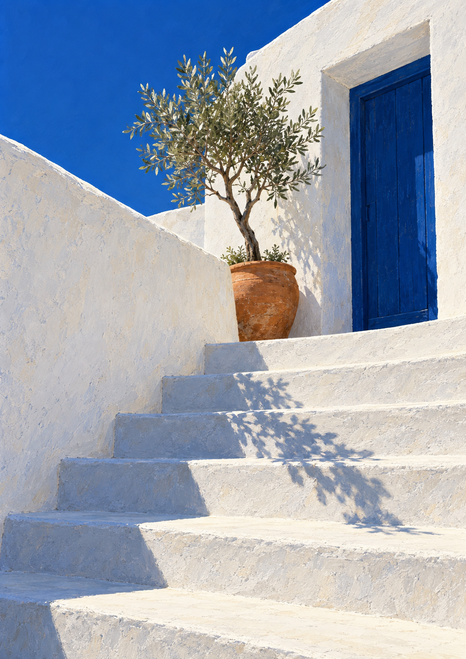 Potted olive tree on a whitewashed stair landing beside a cobalt-blue door, with blue sky and a mottled shadow across the steps.