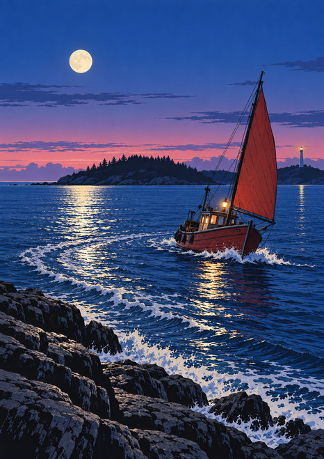 A small red-sailed fishing boat with a glowing cabin lantern turns through cobalt moonlit water, leaving a foamy wake near rocky shore, with an island and lighthouse in the distance.