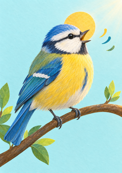 Blue-and-yellow songbird with an open beak perched on a curved branch beneath a yellow sun against pale aqua.