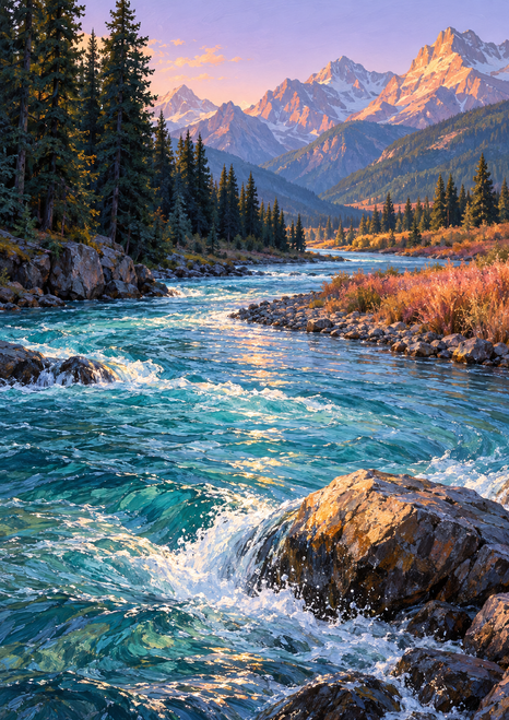 Foamy turquoise river flowing past a large foreground boulder between dark pines and sunlit grasses, with layered mountain peaks beyond.