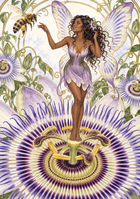 A lavender-winged woman in a petal-like dress stands on a large passionflower and reaches toward a bee amid vines and blooms.
