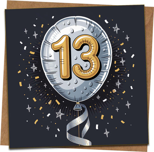 13th Birthday Card – Silver Balloon with Gold 13, Confetti Design – 145mm x 145mm Square Greeting Card with Kraft Envelope – Teen Birthday