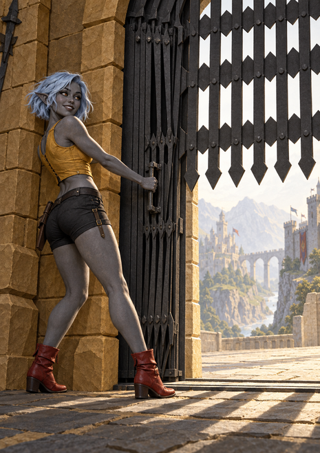Silver-haired gray-skinned dark elf rogue beside a black folding lattice gate, with a bright city in the distance.