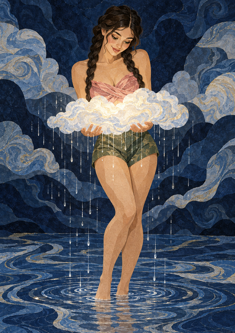 Dark-haired woman holding a luminous rain cloud as raindrops fall into a shallow pool around her feet.