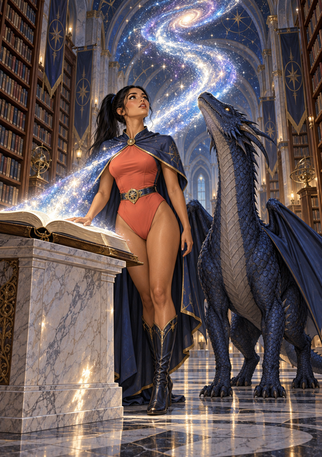 Woman in coral and blue standing beside a dark-blue dragon in a library beneath a luminous spiral galaxy.