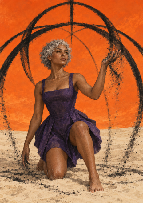 A short-haired woman in a purple dress kneels on pale sand with one hand raised, surrounded by falling dark particles and rough black arcs on orange.